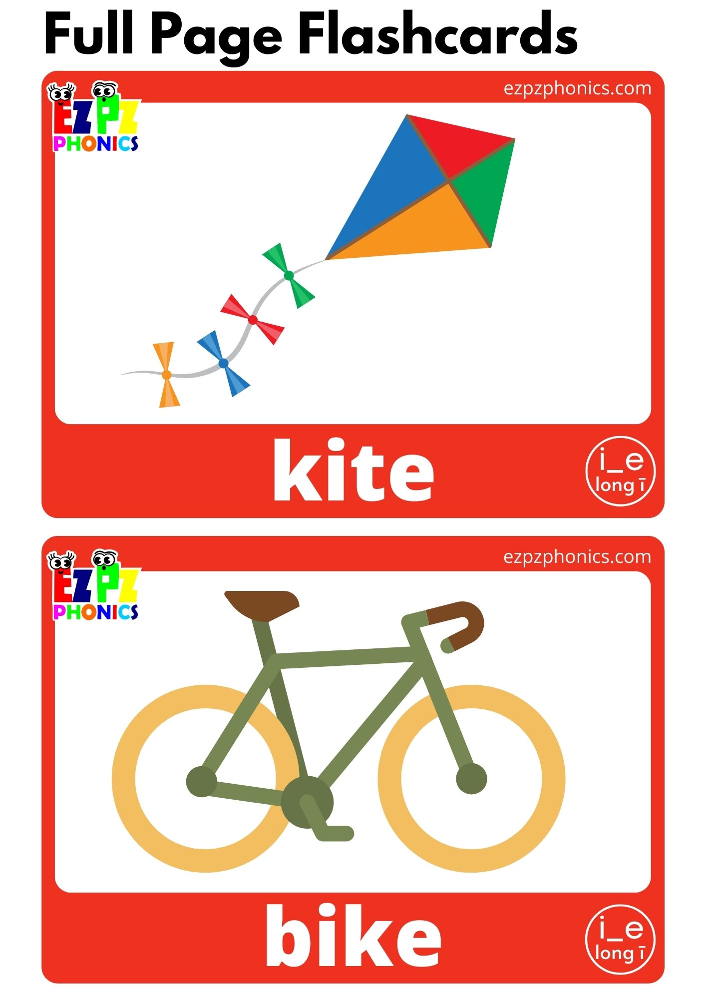 i_e Words Long I Vowel Sounds Flashcards with Images and Words Free Printable PDF Download and View Online for Teaching AEIOU Phonics to Kindergarten and ESL Students